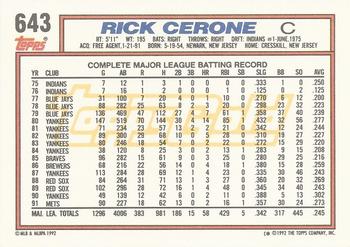 1992 Topps - Gold Winners #643 Rick Cerone Back