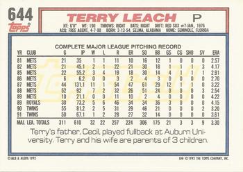 1992 Topps - Gold Winners #644 Terry Leach Back
