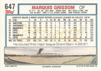 1992 Topps - Gold Winners #647 Marquis Grissom Back