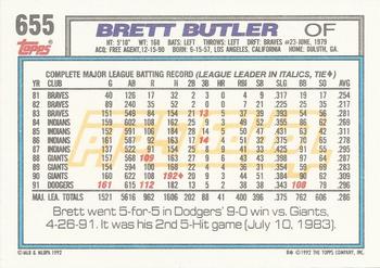 1992 Topps - Gold Winners #655 Brett Butler Back