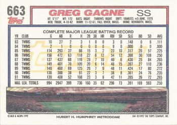 1992 Topps - Gold Winners #663 Greg Gagne Back
