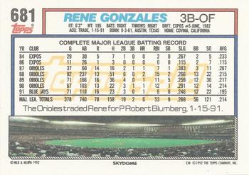 1992 Topps - Gold Winners #681 Rene Gonzales Back