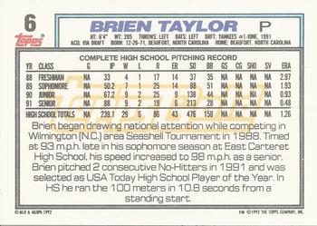 1992 Topps - Gold Winners #6 Brien Taylor Back