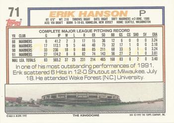 1992 Topps - Gold Winners #71 Erik Hanson Back