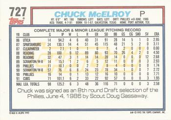 1992 Topps - Gold Winners #727 Chuck McElroy Back