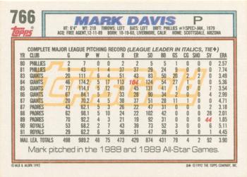 1992 Topps - Gold Winners #766 Mark Davis Back