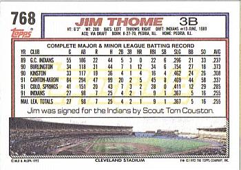 1992 Topps - Gold Winners #768 Jim Thome Back
