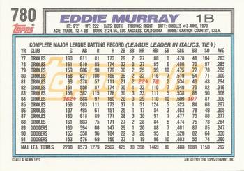 1992 Topps - Gold Winners #780 Eddie Murray Back
