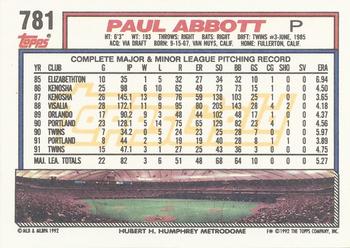 1992 Topps - Gold Winners #781 Paul Abbott Back