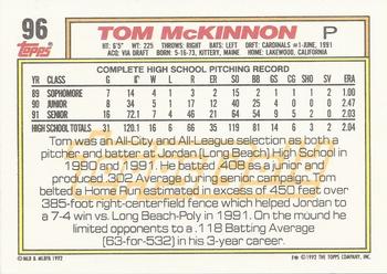 1992 Topps - Gold Winners #96 Tom McKinnon Back