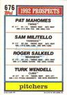 1992 Topps Micro #676 Pat Mahomes / Sam Militello / Roger Salkeld / Turk Wendell Back