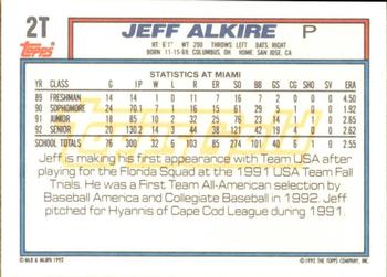 1992 Topps Traded - Gold #2T Jeff Alkire Back