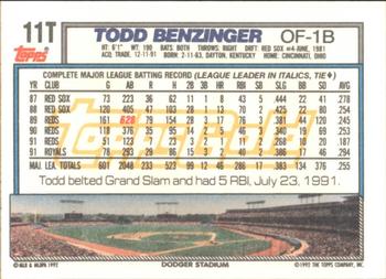 1992 Topps Traded - Gold #11T Todd Benzinger Back