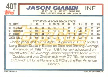 1992 Topps Traded - Gold #40T Jason Giambi Back
