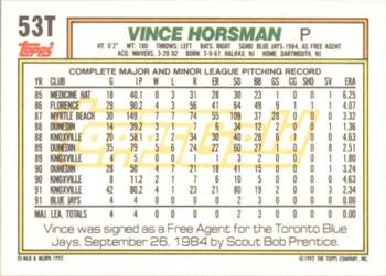 1992 Topps Traded - Gold #53T Vince Horsman Back