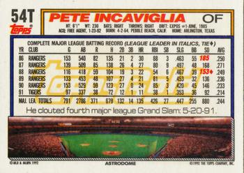 1992 Topps Traded - Gold #54T Pete Incaviglia Back