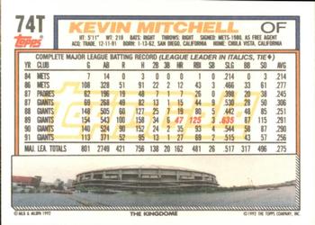 1992 Topps Traded - Gold #74T Kevin Mitchell Back