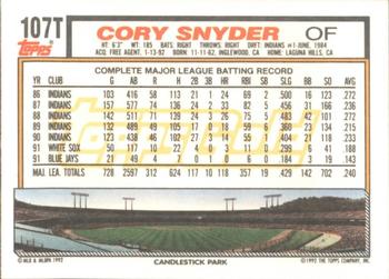 1992 Topps Traded - Gold #107T Cory Snyder Back