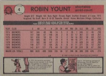 1981 O-Pee-Chee - Gray Back #4 Robin Yount Back