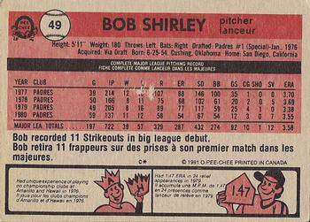 1981 O-Pee-Chee - Gray Back #49 Bob Shirley Back