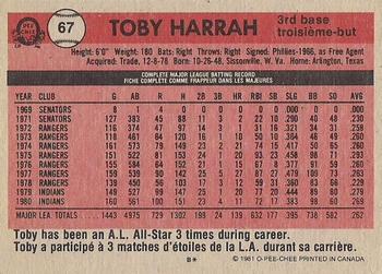 1981 O-Pee-Chee - Gray Back #67 Toby Harrah Back