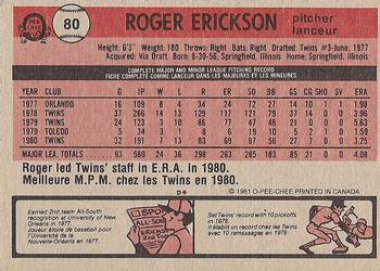 1981 O-Pee-Chee - Gray Back #80 Roger Erickson Back