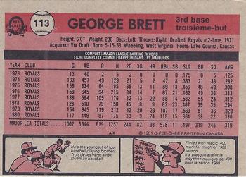 1981 O-Pee-Chee - Gray Back #113 George Brett Back