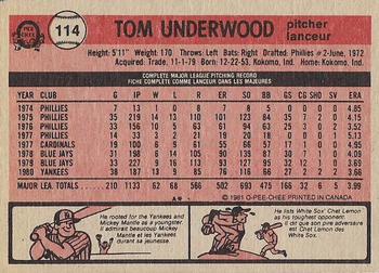 1981 O-Pee-Chee - Gray Back #114 Tom Underwood Back