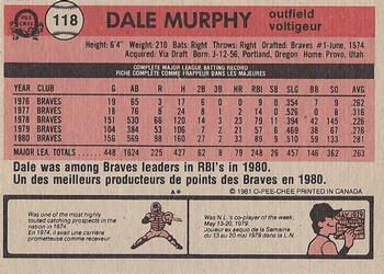 1981 O-Pee-Chee - Gray Back #118 Dale Murphy Back