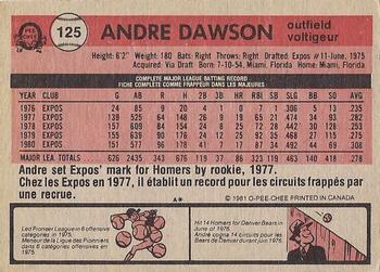 1981 O-Pee-Chee - Gray Back #125 Andre Dawson Back