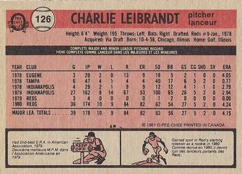 1981 O-Pee-Chee - Gray Back #126 Charlie Leibrandt Back