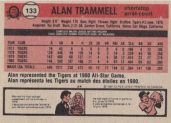 1981 O-Pee-Chee - Gray Back #133 Alan Trammell Back