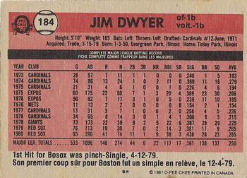 1981 O-Pee-Chee - Gray Back #184 Jim Dwyer Back