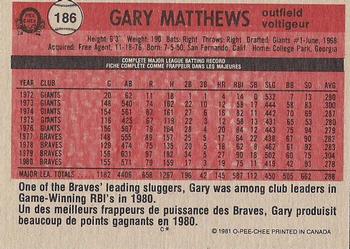 1981 O-Pee-Chee - Gray Back #186 Gary Matthews Back