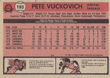 1981 O-Pee-Chee - Gray Back #193 Pete Vuckovich Back