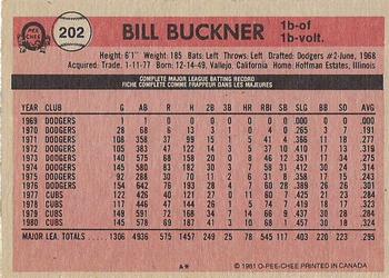 1981 O-Pee-Chee - Gray Back #202 Bill Buckner Back