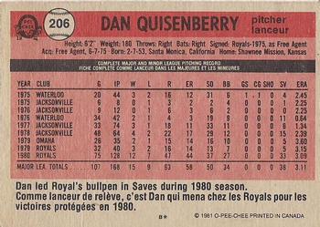 1981 O-Pee-Chee - Gray Back #206 Dan Quisenberry Back