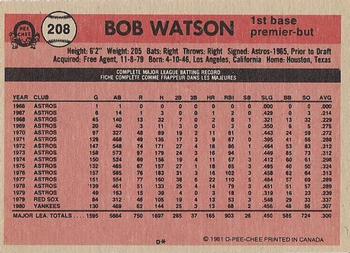 1981 O-Pee-Chee - Gray Back #208 Bob Watson Back