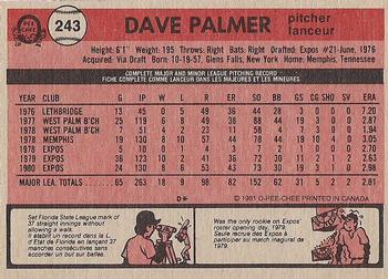 1981 O-Pee-Chee - Gray Back #243 Dave Palmer Back