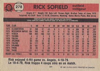 1981 O-Pee-Chee - Gray Back #278 Rick Sofield Back