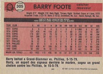 1981 O-Pee-Chee - Gray Back #305 Barry Foote Back