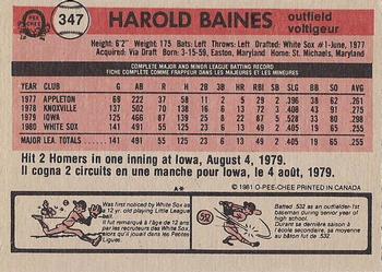 1981 O-Pee-Chee - Gray Back #347 Harold Baines Back