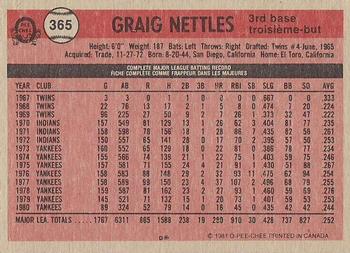 1981 O-Pee-Chee - Gray Back #365 Graig Nettles Back