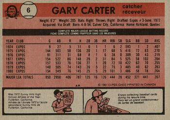 1981 O-Pee-Chee - Gray Back #6 Gary Carter Back