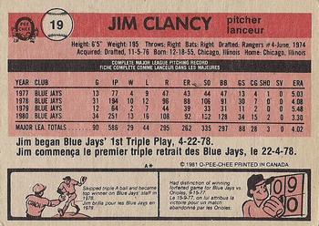 1981 O-Pee-Chee - Gray Back #19 Jim Clancy Back