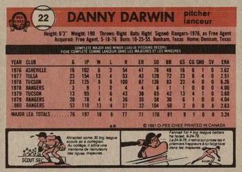 1981 O-Pee-Chee - Gray Back #22 Danny Darwin Back