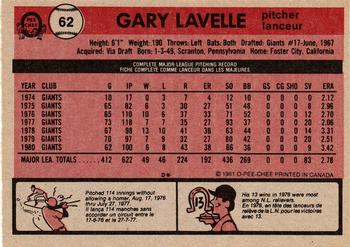 1981 O-Pee-Chee - Gray Back #62 Gary Lavelle Back