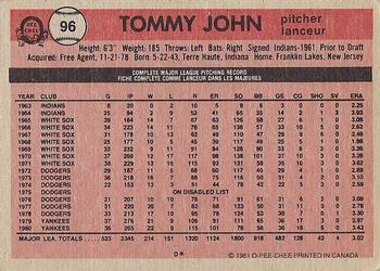 1981 O-Pee-Chee - Gray Back #96 Tommy John Back