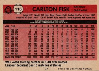 1981 O-Pee-Chee - Gray Back #116 Carlton Fisk Back
