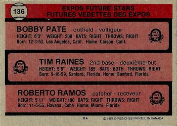 1981 O-Pee-Chee - Gray Back #136 Expos Future Stars (Tim Raines / Roberto Ramos / Bobby Pate) Back